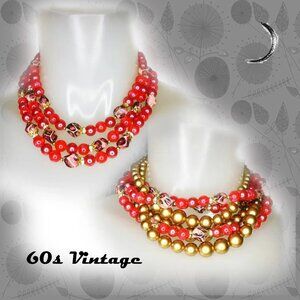 Red Vintage Multi Strand Necklace, Rhinestone Rondelles, Beaded Multistrand